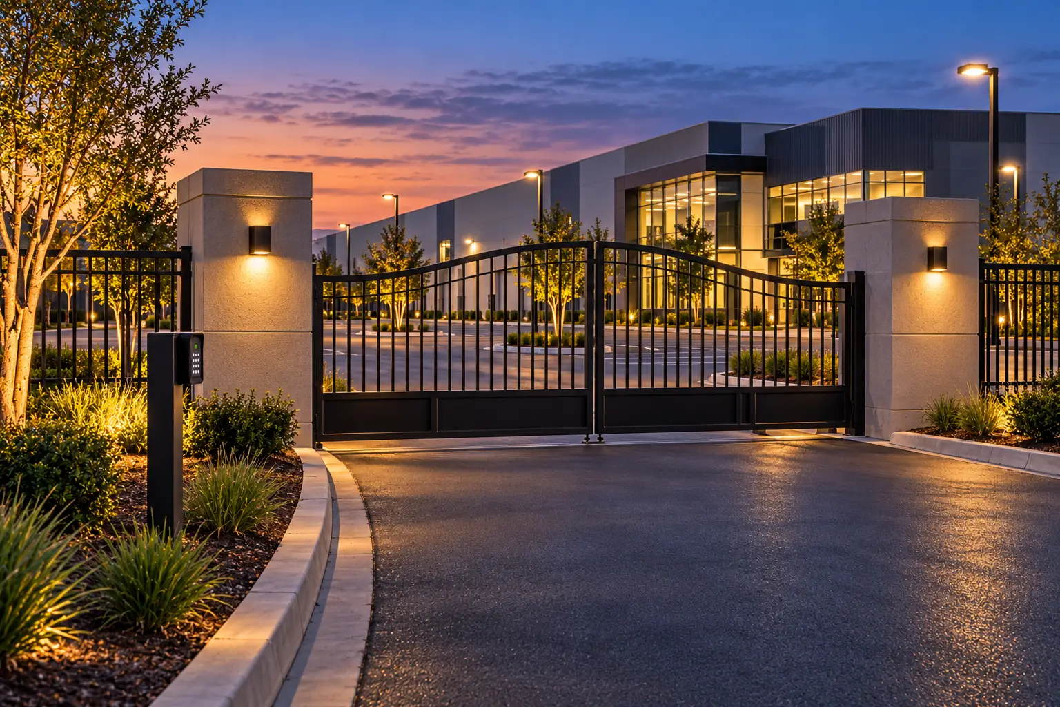 Automatic commercial entrance gate between lit stone columns at dusk