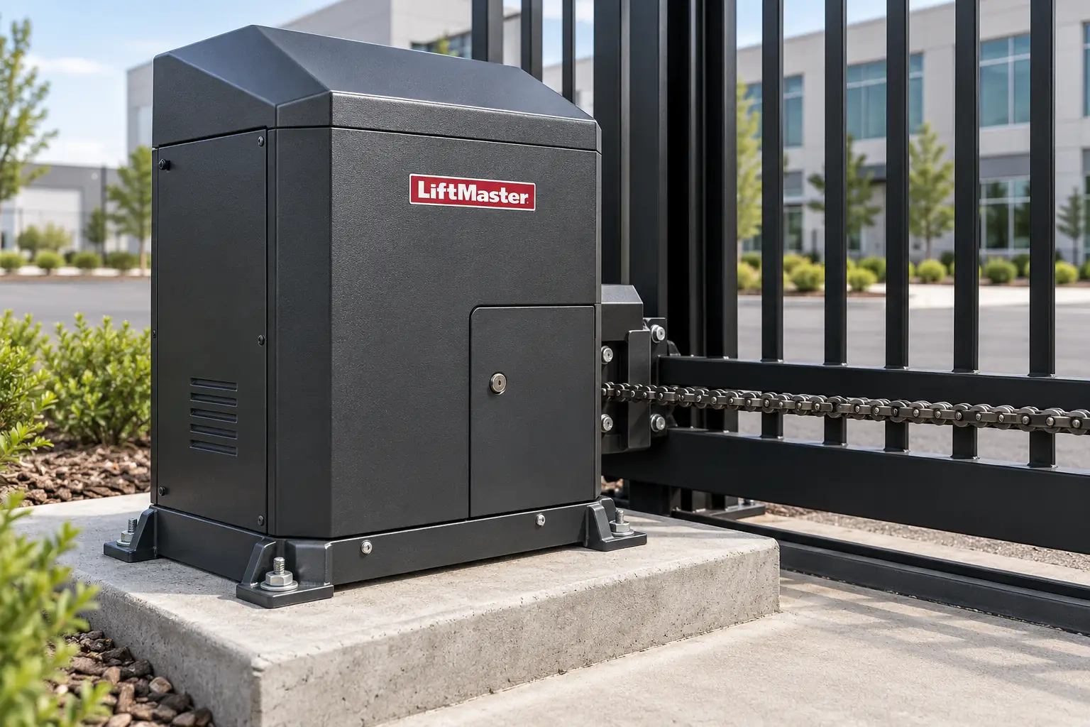 LiftMaster slide gate operator mounted on a concrete pad next to a commercial gate